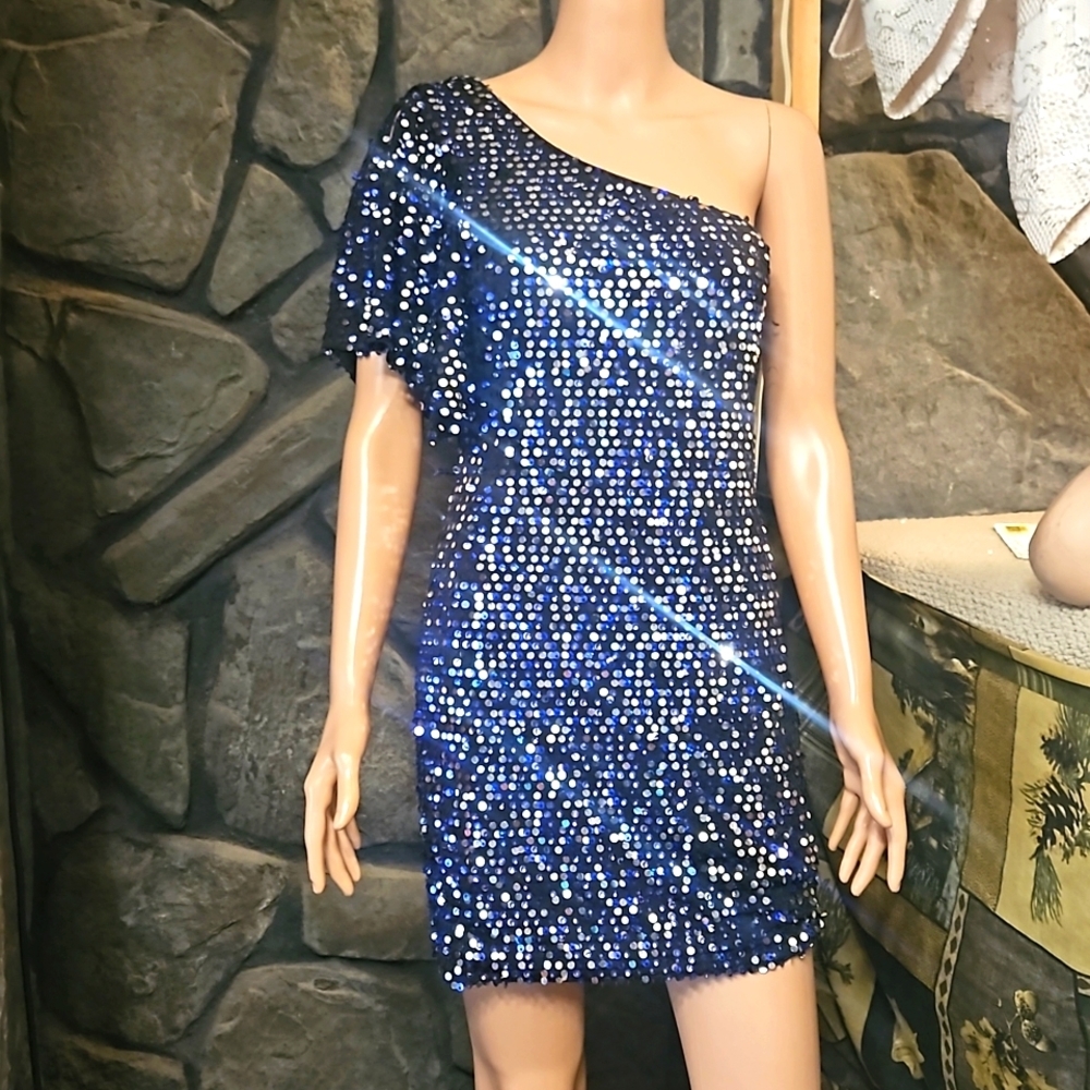 As U Wish Blue Sequins One Shoulder Dress